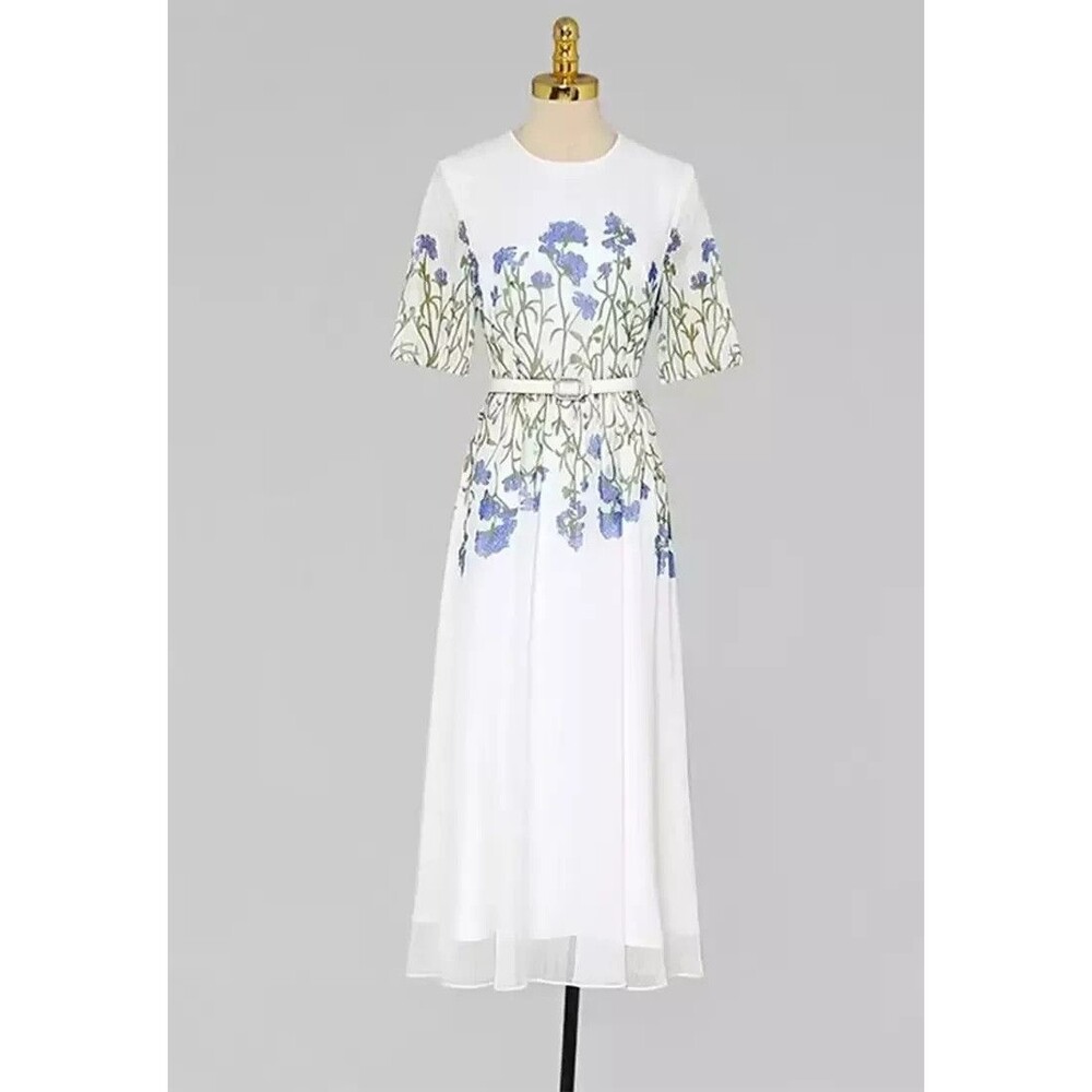 Feiman White Floral Chiffon Midi Dress Short Sleeve Blue Embroidery Size M - Picture 3 of 11